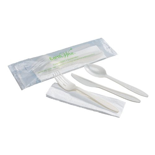 Hoffmaster Earth Wise Tree Free Compostable Wrapped Cutlery Kit, 9.5 x 11.75 inch - 250 per case.
