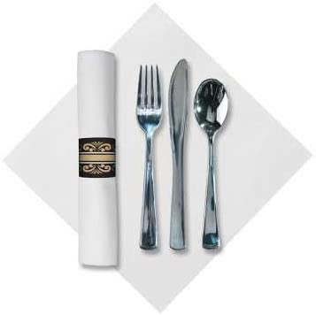 Hoffmaster Imperial CaterWrap Pre Rolled Linen Like 17 x 17 inch Dinner Napkin and Heavyweight Metallic Cutlery with Band Kit - 100 per case.