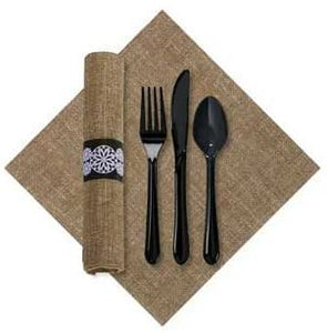 Hoffmaster CaterWrap Pre Rolled FashnPoint 100 Percent Recycled Natural Burlap Print Dinner Napkin and Black Cutlery Kit - 100 per case.