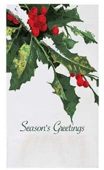 Hoffmaster 2 Ply White Printed Holly Greetings Dinner Napkin, 15 x 17 inch - 1000 per case.