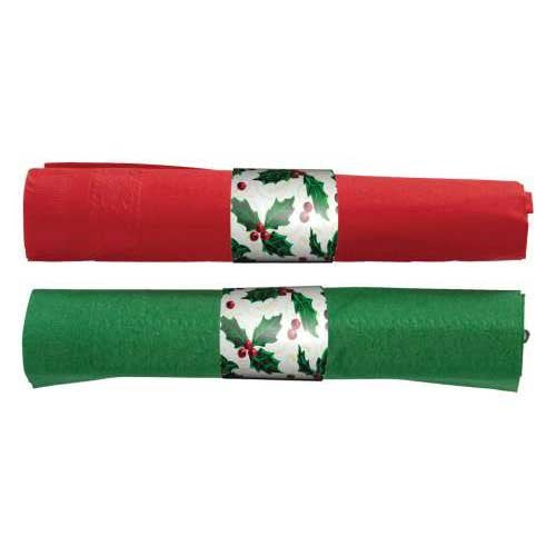Hoffmaster Holly Tissue CaterWrap Clear Cutlery and Two 2 Ply Green and Red 15 x 17 inch Napkin with Band Kit - 100 per case.