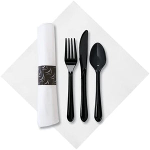 Hoffmaster FashnPoint Caterwrap Crescent Pre Wrapped Black Cutlery, 15.5 x 15.5 inch - 100 per case.