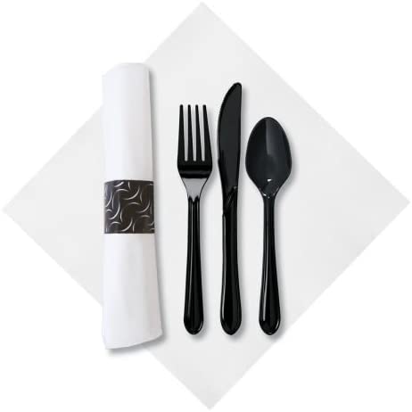 Hoffmaster FashnPoint Caterwrap Crescent Pre Wrapped Black Cutlery, 15.5 x 15.5 inch - 100 per case.