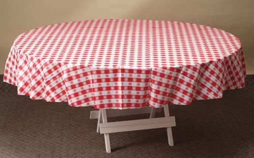 Hoffmaster Round Red Gingham Plastic Table cover, 84 inch - 12 per case.