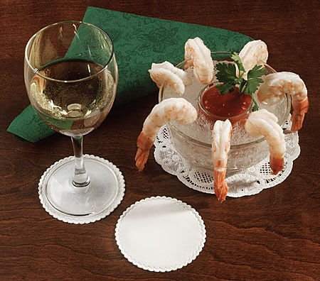 Hoffmaster 307 Specialty Sanitary Linen-Like White Scalloped Non-Woven Coasters 3 3/8 inch - 1000 per case.