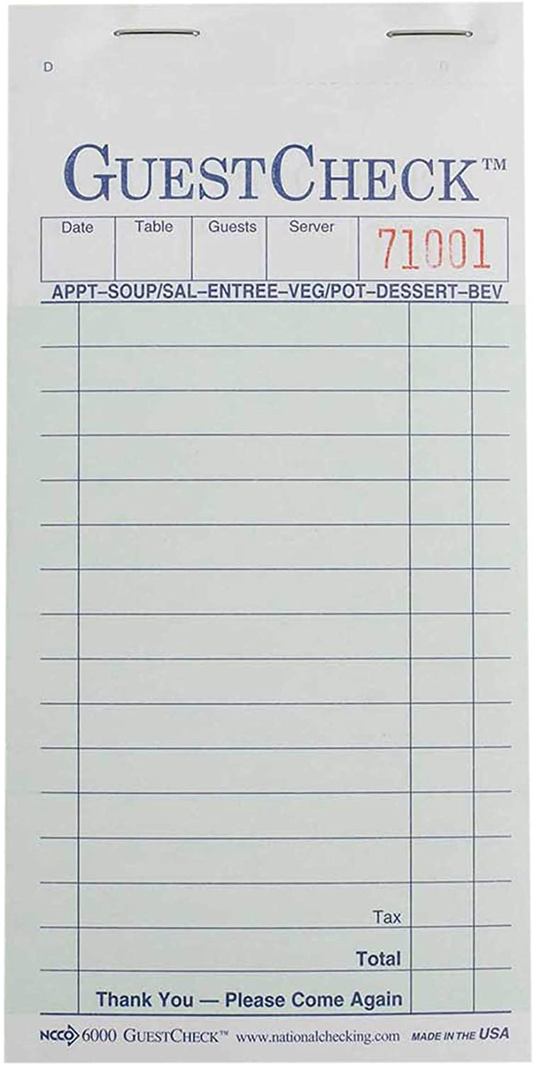 National Checking G6000 3.5 x 6.75 in.44; Guest Check Pad - Green & White